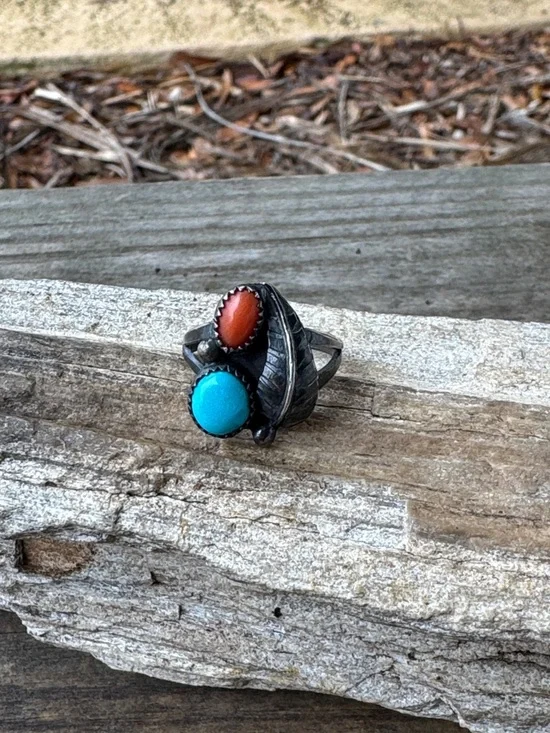 Native American Sterling Silver Ring with Turquoise and Coral - Picture 1 of 4